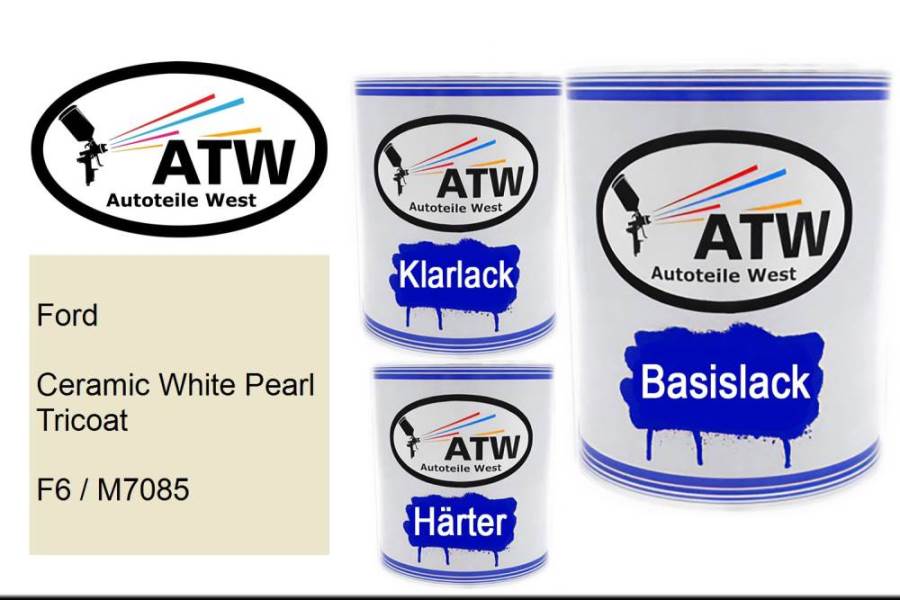 Ford, Ceramic White Pearl Tricoat, F6 / M7085: 1L Lackdose + 1L Klarlack + 500ml Härter - Set, von ATW Autoteile West.